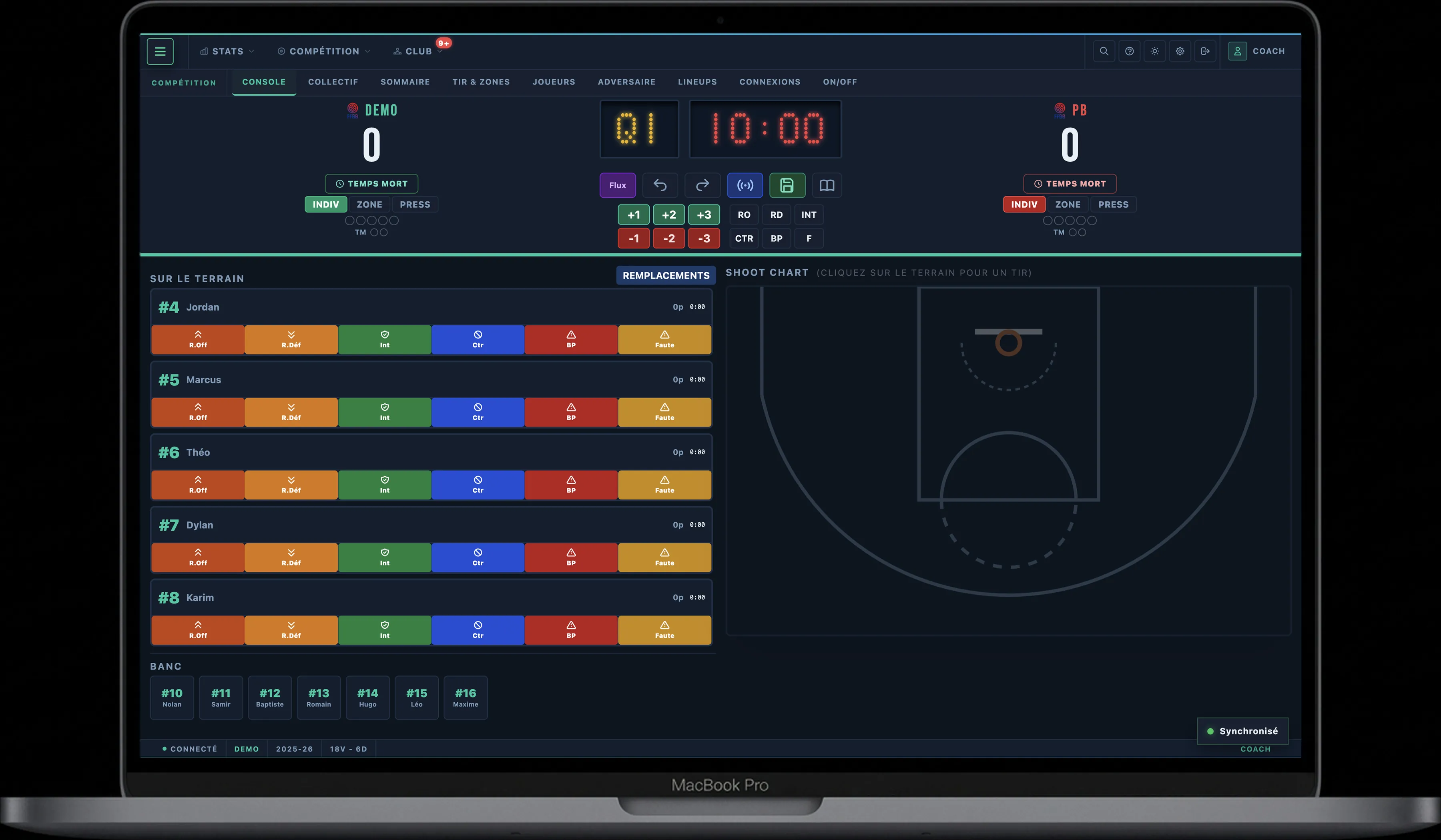 Console live SQVAD : score, chrono, actions par joueur et shoot chart